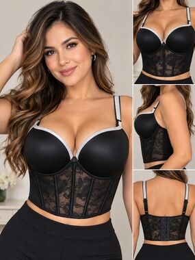 Victoria's Secret Black Lace Longline Bustier Bra with Silver Trim
